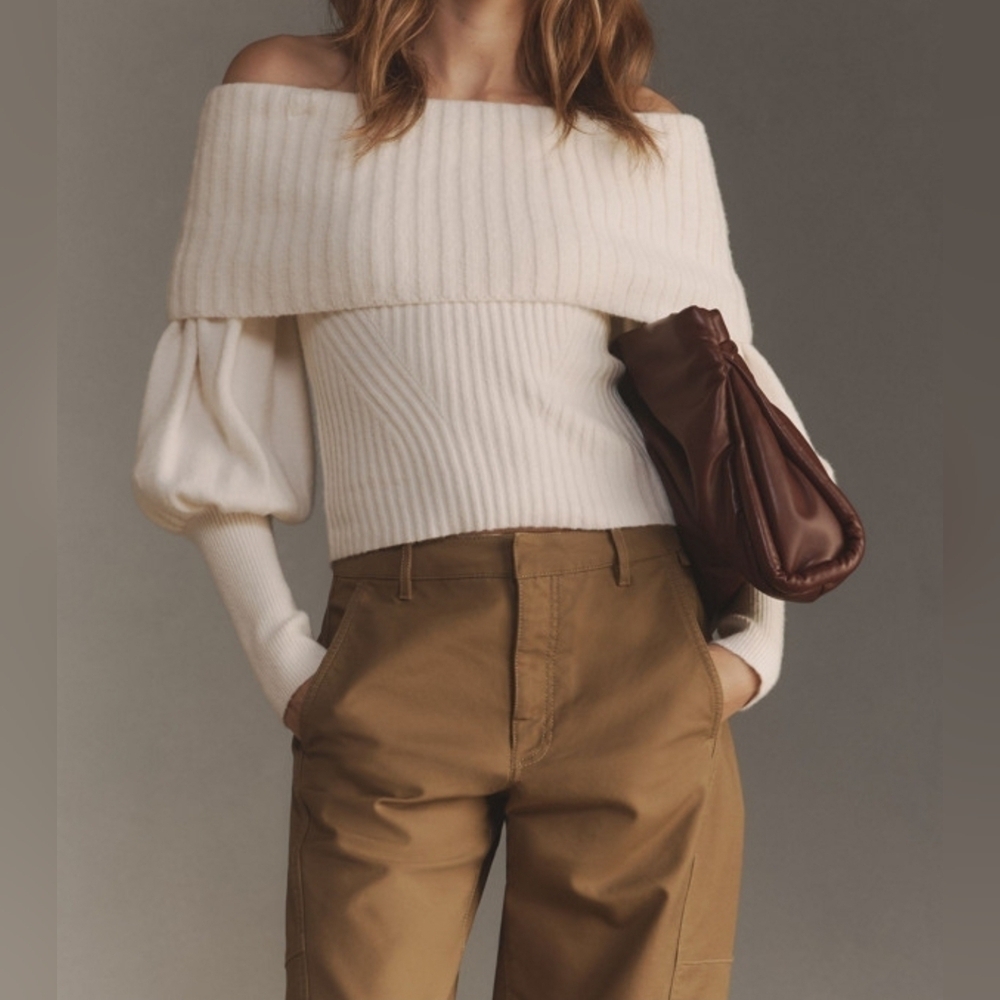 The Tessa Off-The-Shoulder Puff-Sleeve Sweater in Ivory By Anthropologie, XL